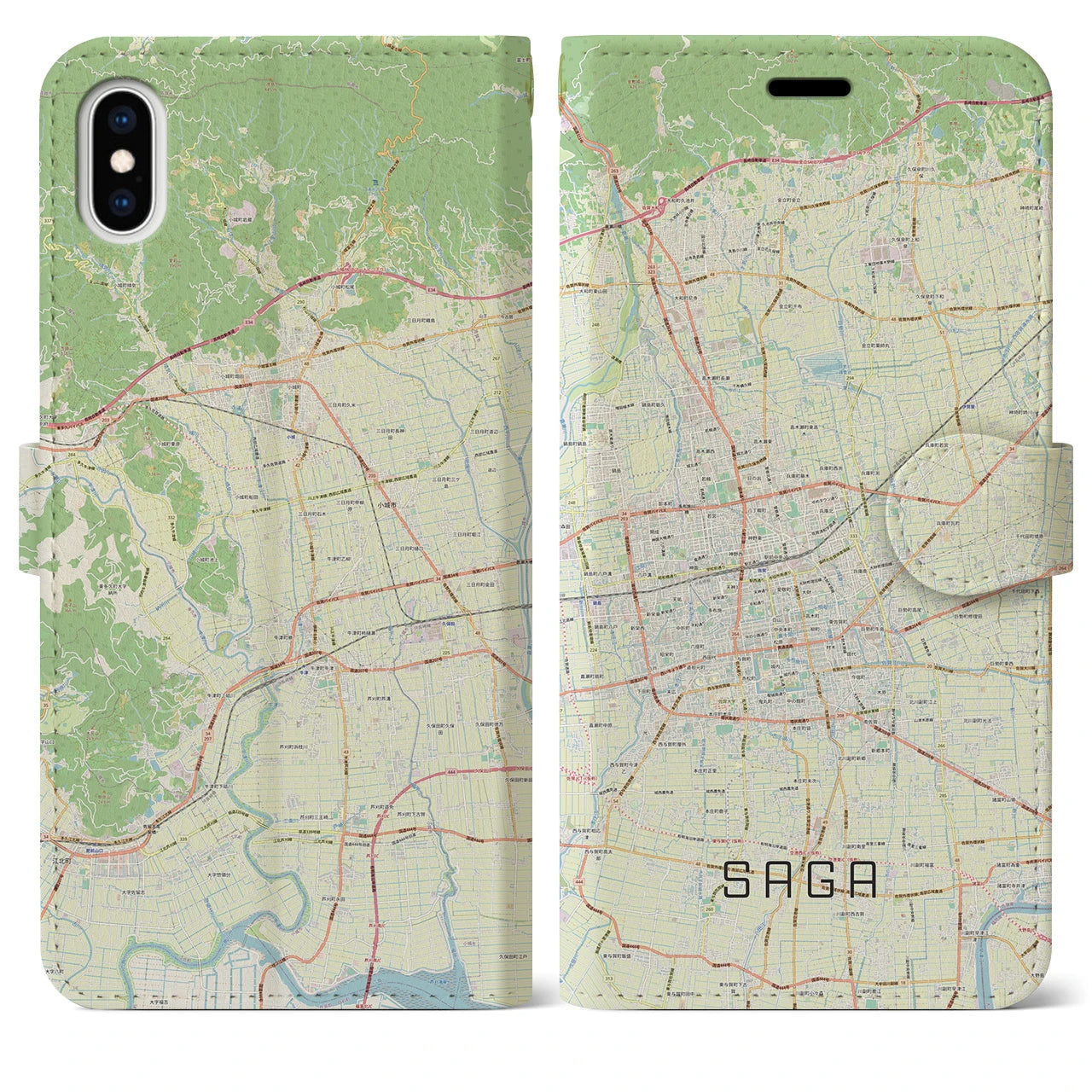 【佐賀2】地図柄iPhoneケース（手帳両面タイプ・ナチュラル）iPhone XS Max 用