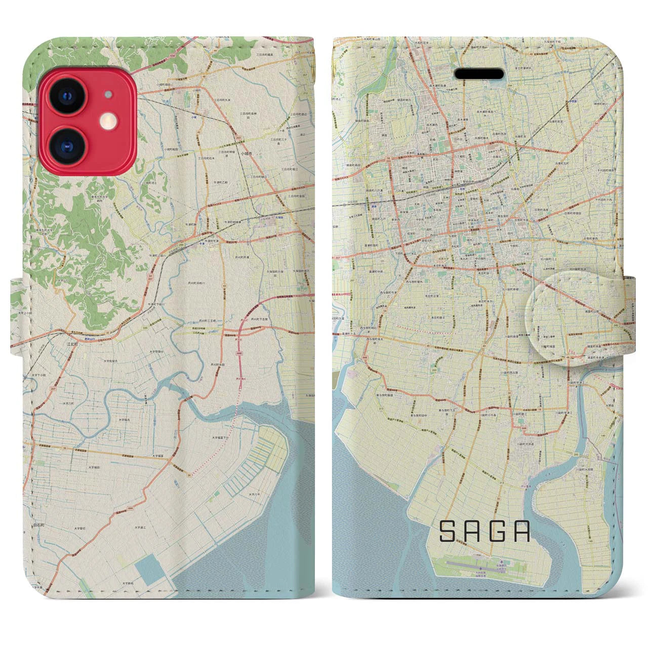 【佐賀】地図柄iPhoneケース（手帳両面タイプ・ナチュラル）iPhone 11 用