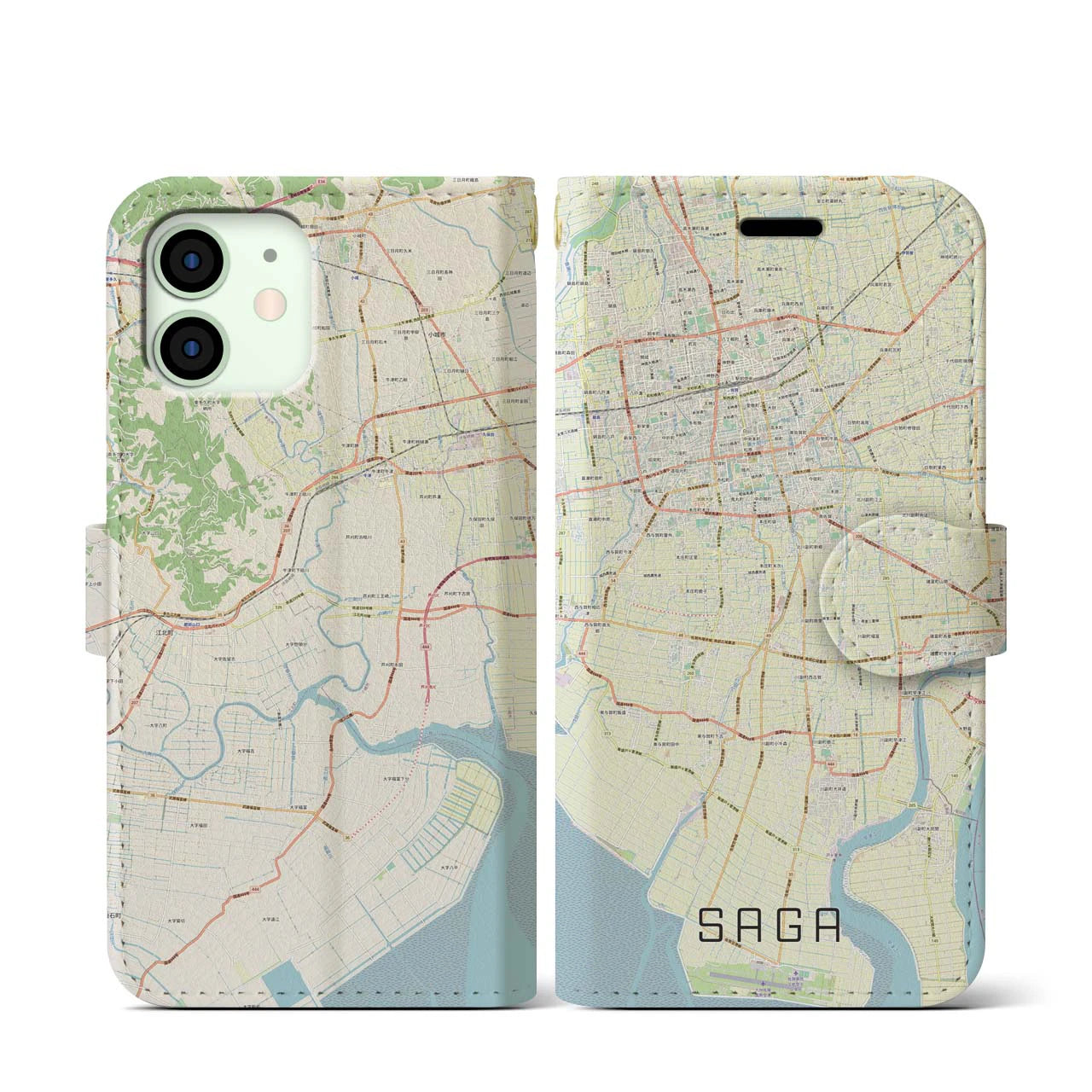 【佐賀】地図柄iPhoneケース（手帳両面タイプ・ナチュラル）iPhone 12 mini 用