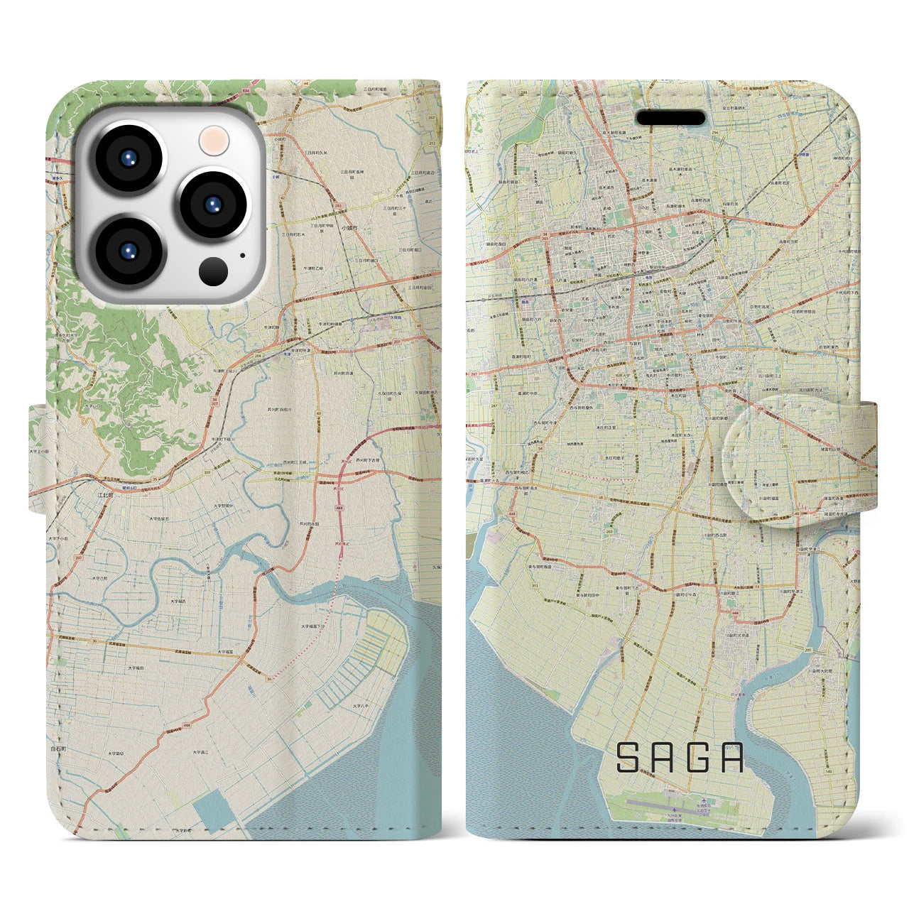 【佐賀】地図柄iPhoneケース（手帳両面タイプ・ナチュラル）iPhone 13 Pro 用