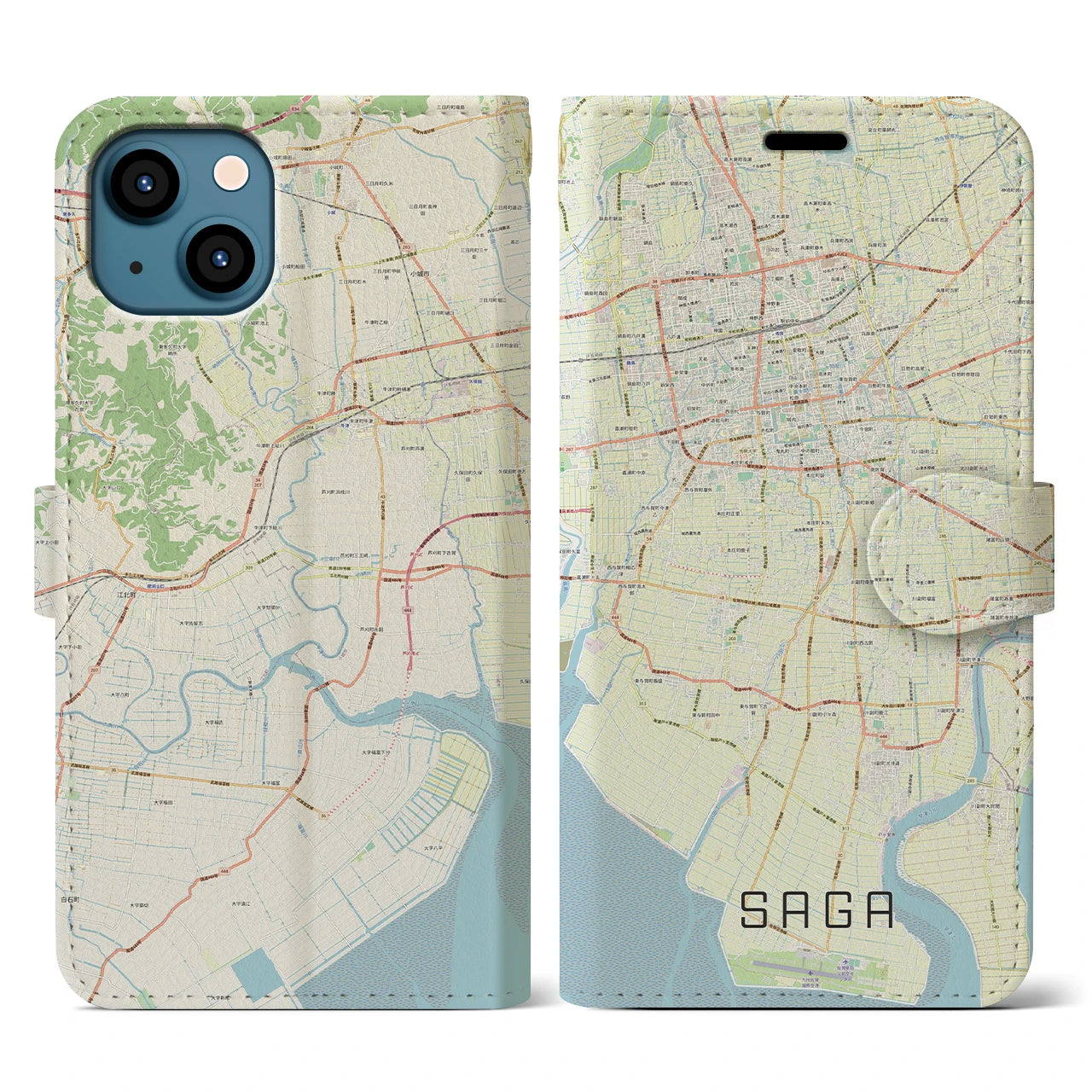 【佐賀】地図柄iPhoneケース（手帳両面タイプ・ナチュラル）iPhone 13 用