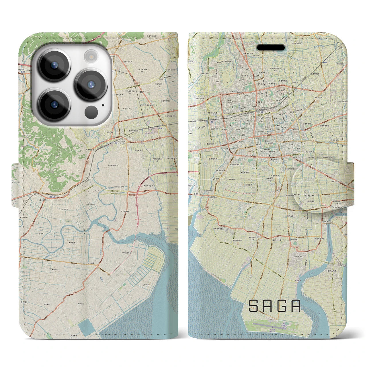 【佐賀】地図柄iPhoneケース（手帳両面タイプ・ナチュラル）iPhone 14 Pro 用