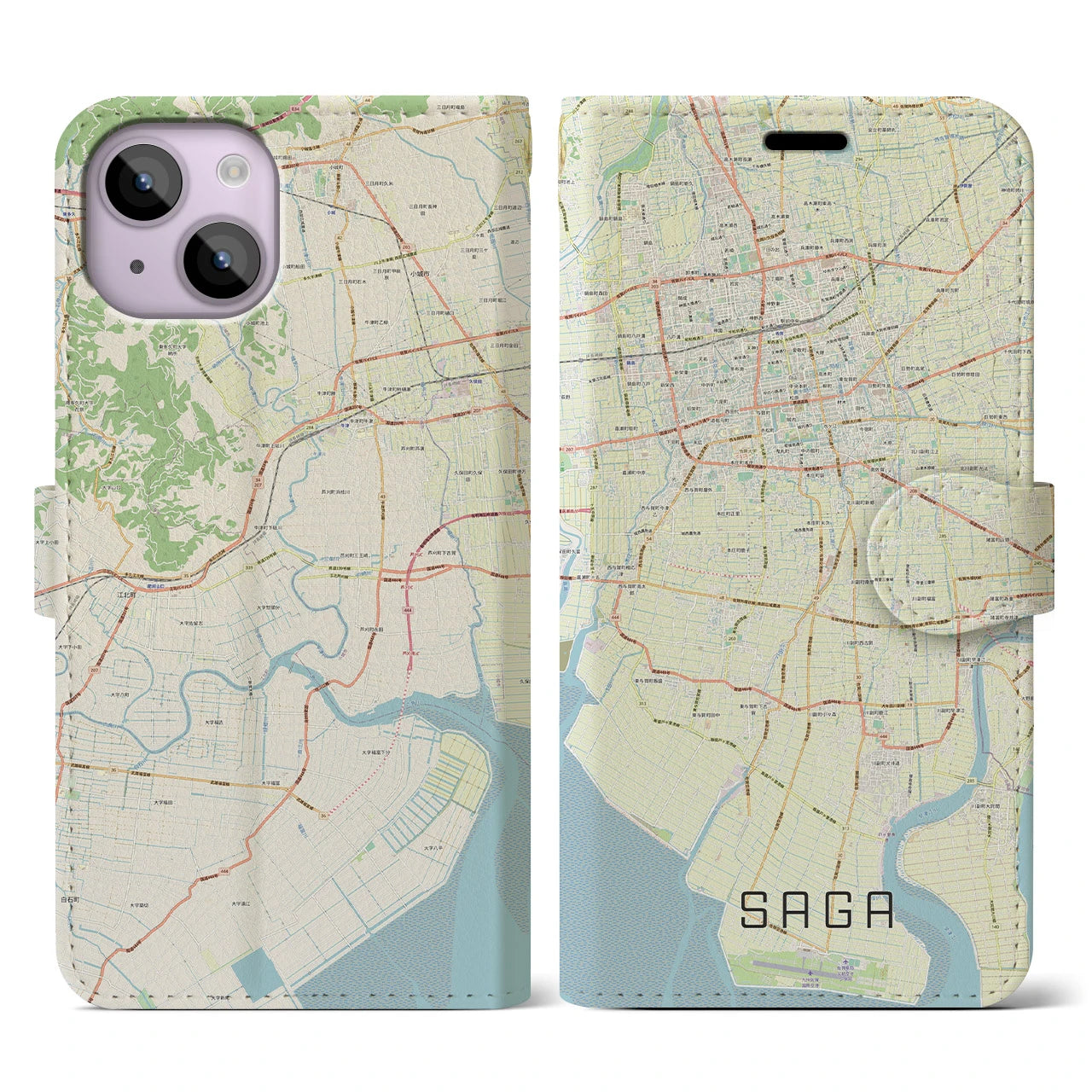 【佐賀】地図柄iPhoneケース（手帳両面タイプ・ナチュラル）iPhone 14 用