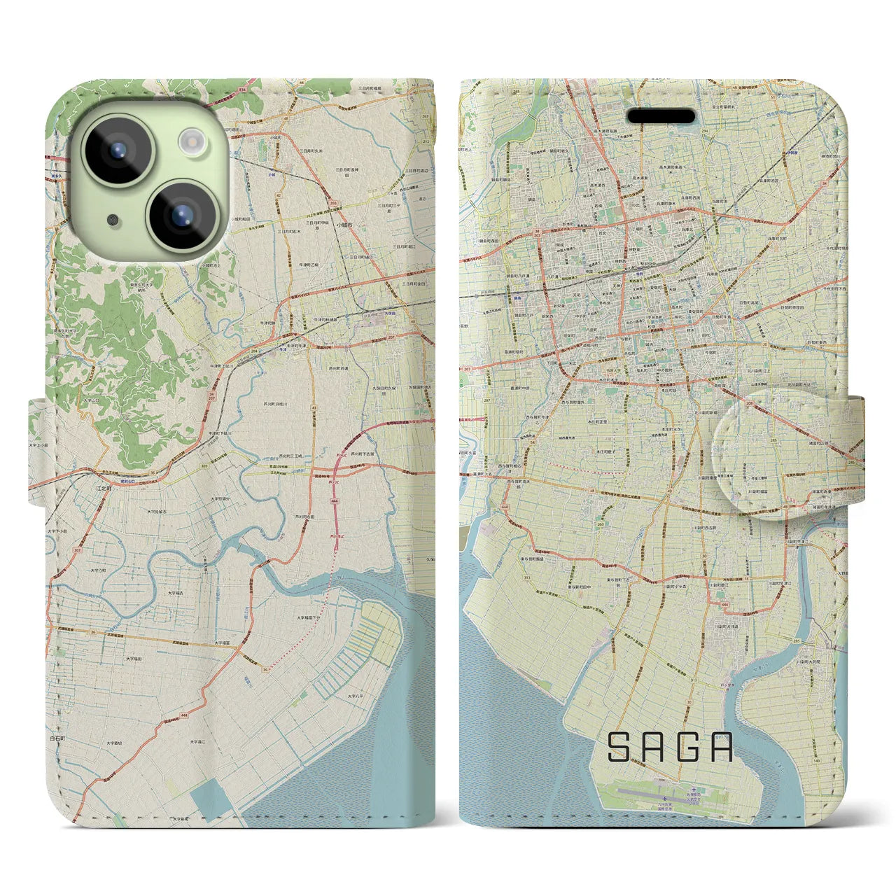 【佐賀】地図柄iPhoneケース（手帳両面タイプ・ナチュラル）iPhone 15 用