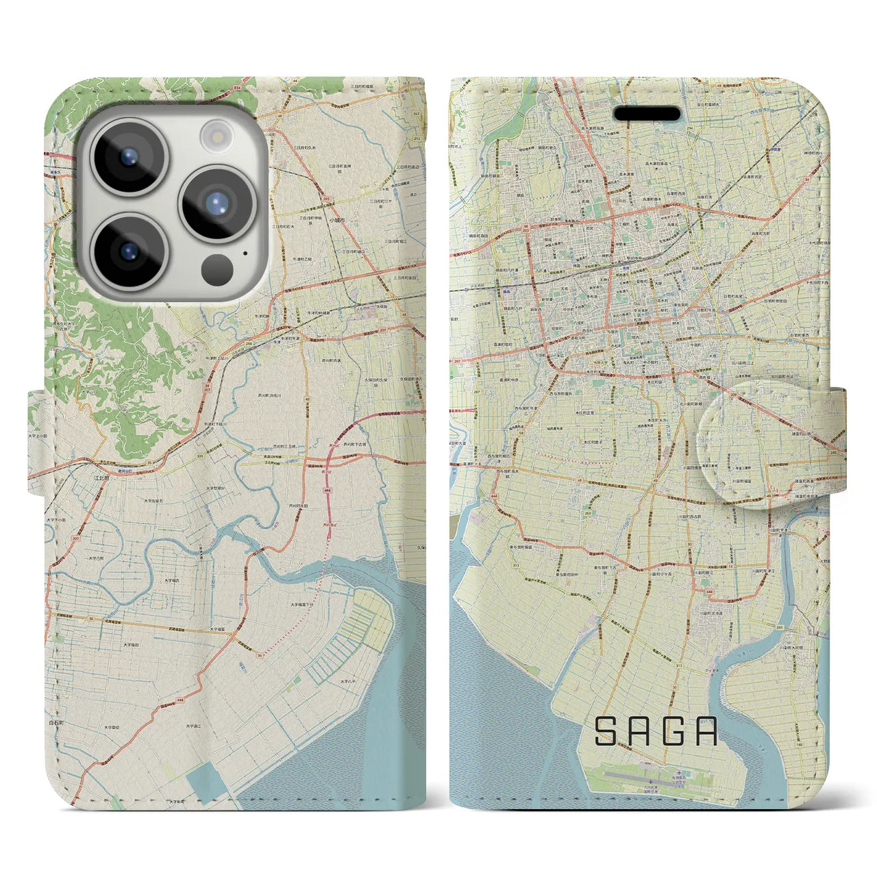 【佐賀】地図柄iPhoneケース（手帳両面タイプ・ナチュラル）iPhone 15 Pro 用
