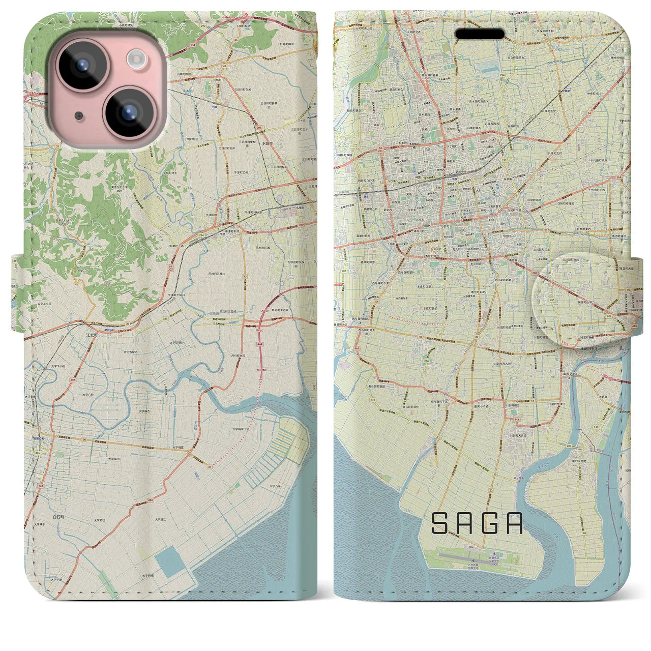 【佐賀】地図柄iPhoneケース（手帳両面タイプ・ナチュラル）iPhone 15 Plus 用