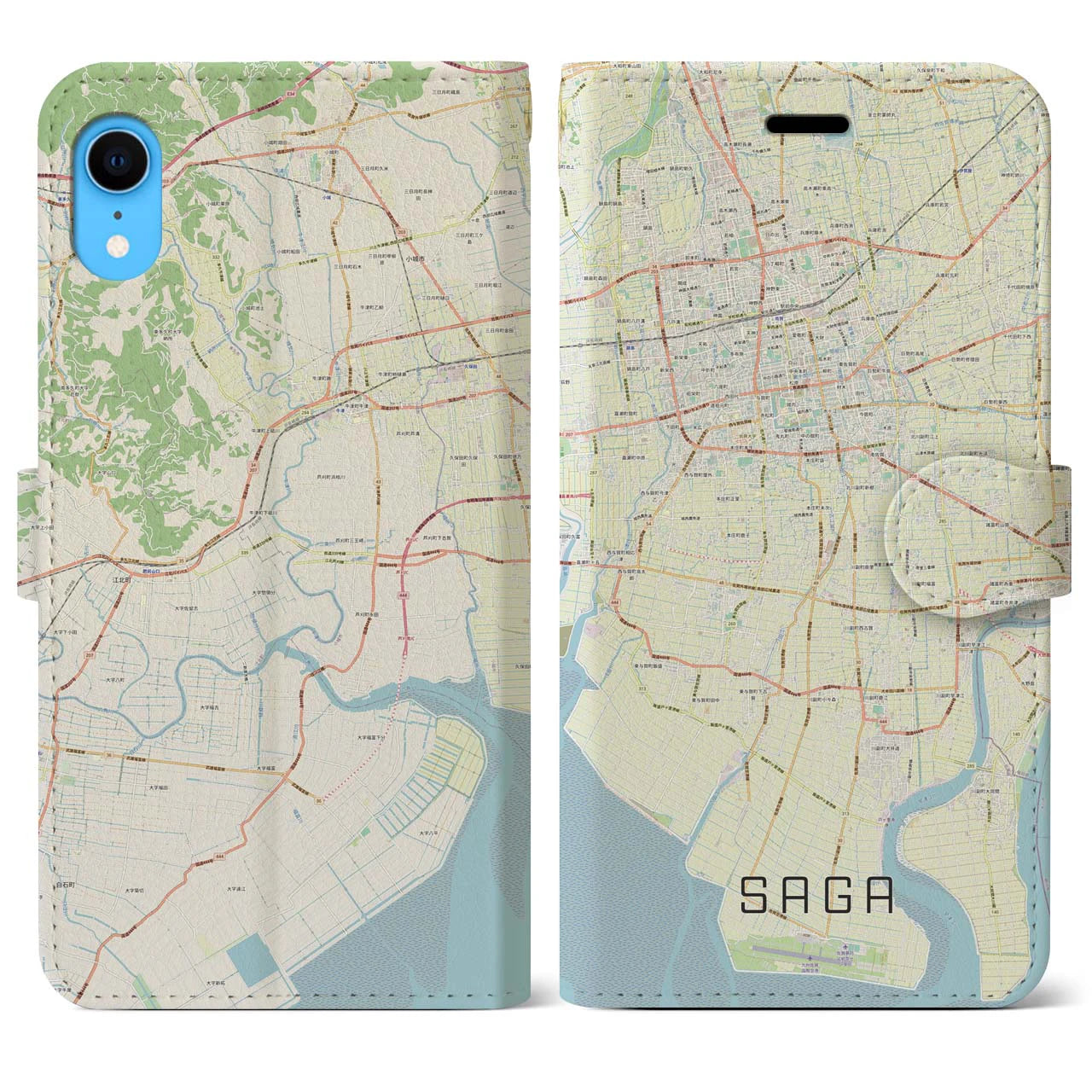【佐賀】地図柄iPhoneケース（手帳両面タイプ・ナチュラル）iPhone XR 用