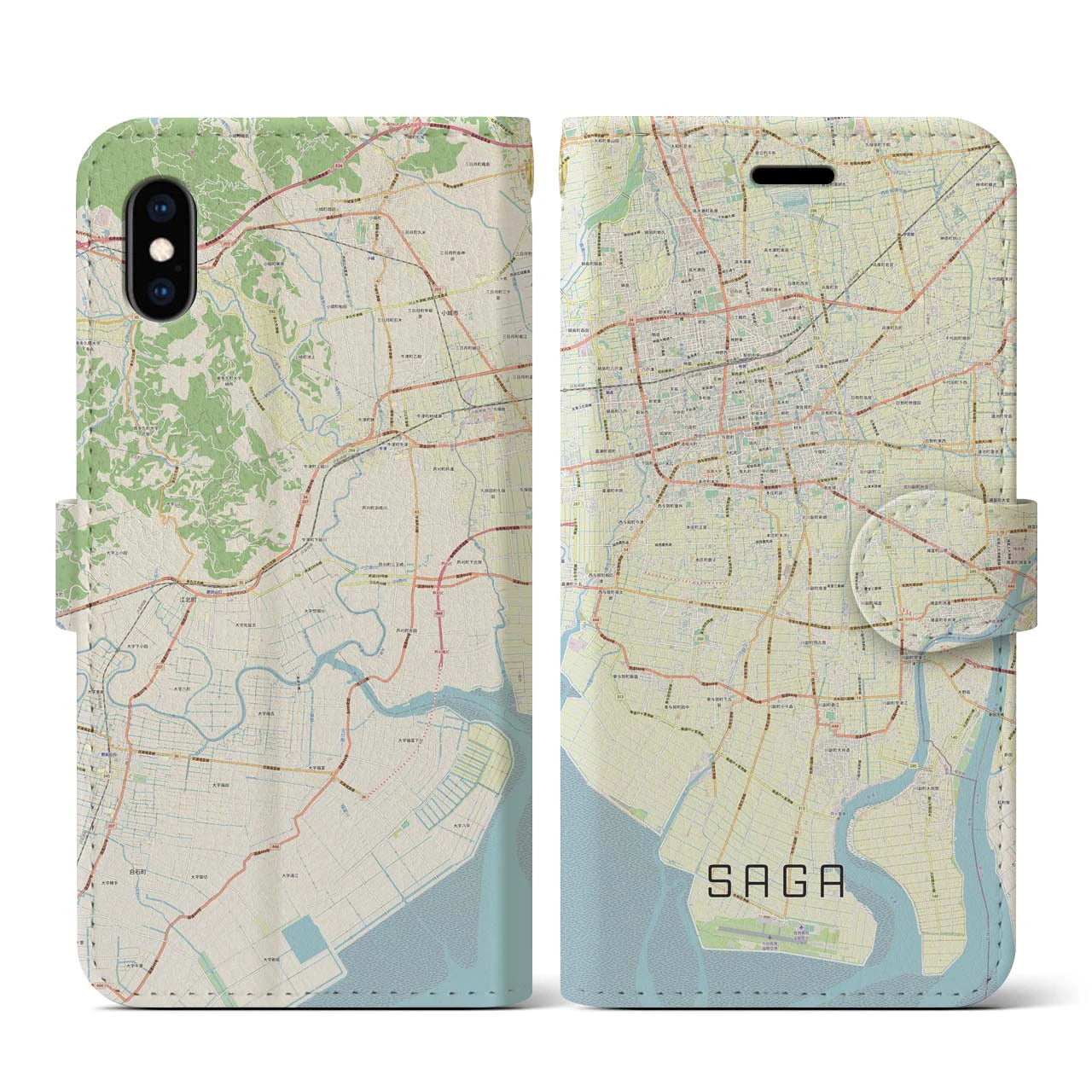 【佐賀】地図柄iPhoneケース（手帳両面タイプ・ナチュラル）iPhone XS / X 用