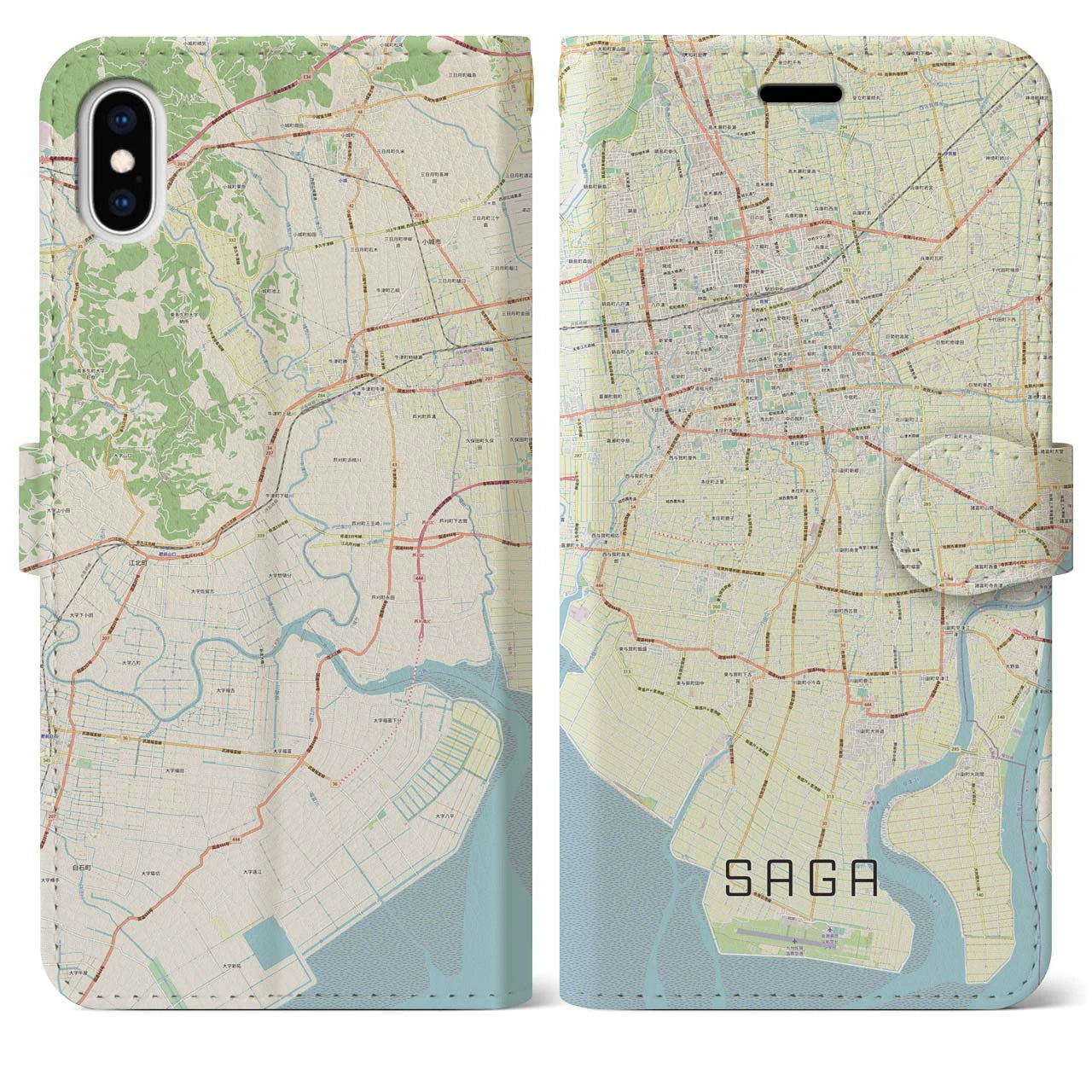 【佐賀】地図柄iPhoneケース（手帳両面タイプ・ナチュラル）iPhone XS Max 用