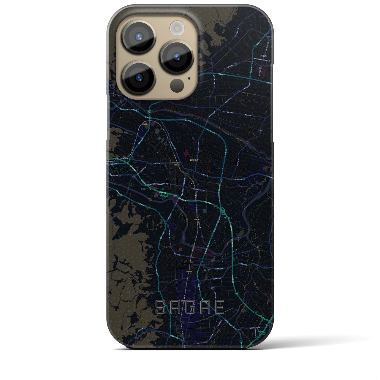 【寒河江】地図柄iPhoneケース（バックカバータイプ・ブラック）iPhone 14 Pro Max 用