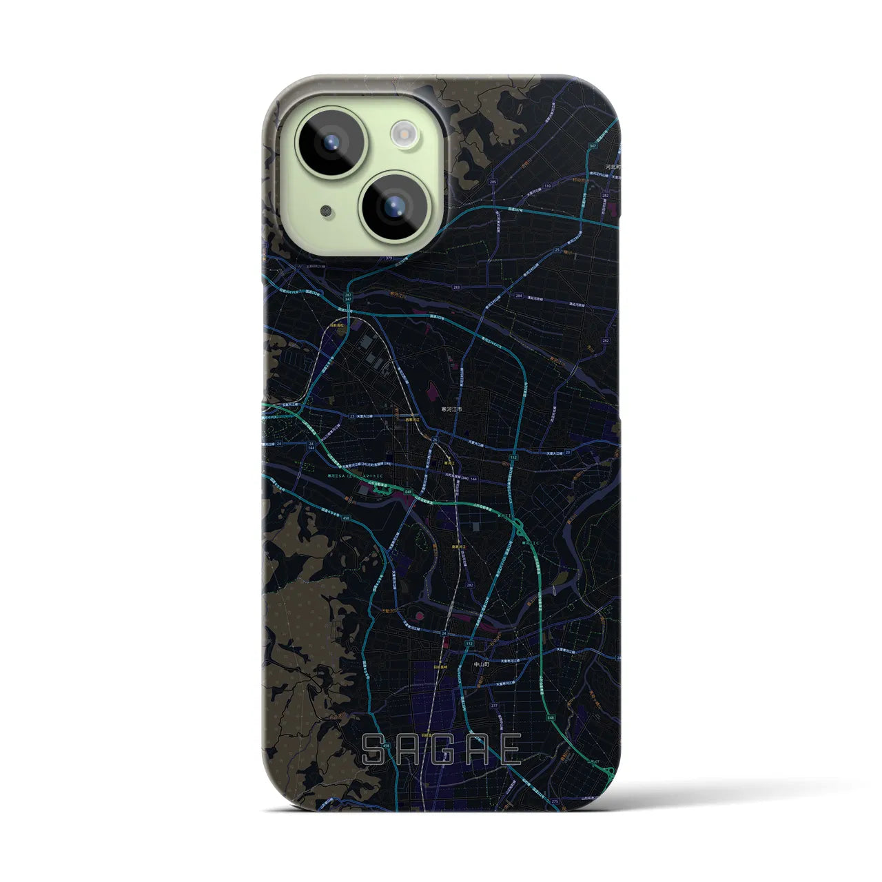 【寒河江】地図柄iPhoneケース（バックカバータイプ・ブラック）iPhone 15 用