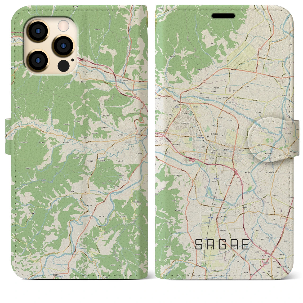 【寒河江】地図柄iPhoneケース（手帳両面タイプ・ナチュラル）iPhone 12 Pro Max 用