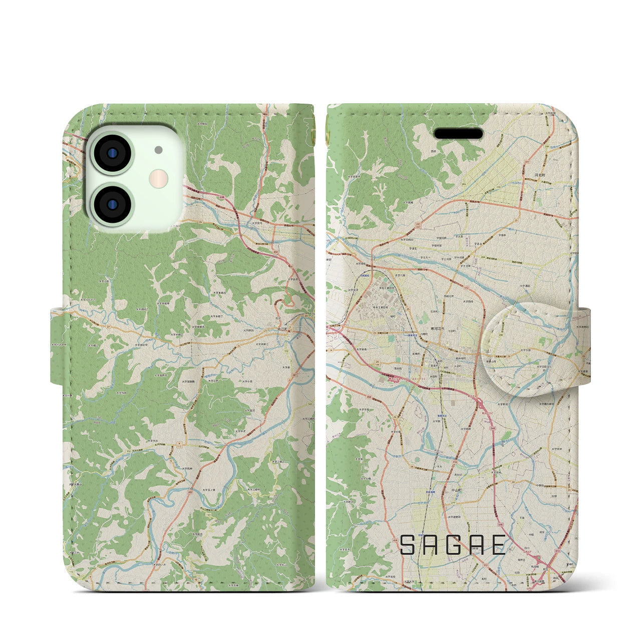 【寒河江】地図柄iPhoneケース（手帳両面タイプ・ナチュラル）iPhone 12 mini 用