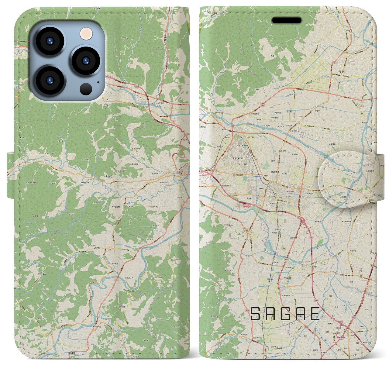 【寒河江】地図柄iPhoneケース（手帳両面タイプ・ナチュラル）iPhone 13 Pro Max 用