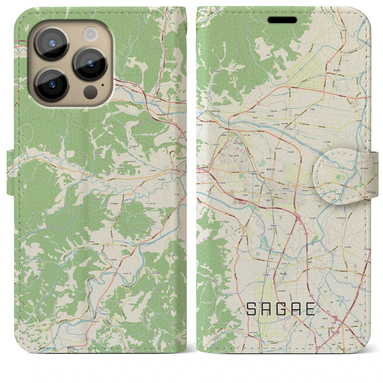 【寒河江】地図柄iPhoneケース（手帳両面タイプ・ナチュラル）iPhone 14 Pro Max 用