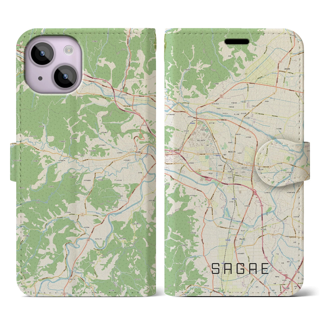 【寒河江】地図柄iPhoneケース（手帳両面タイプ・ナチュラル）iPhone 14 用