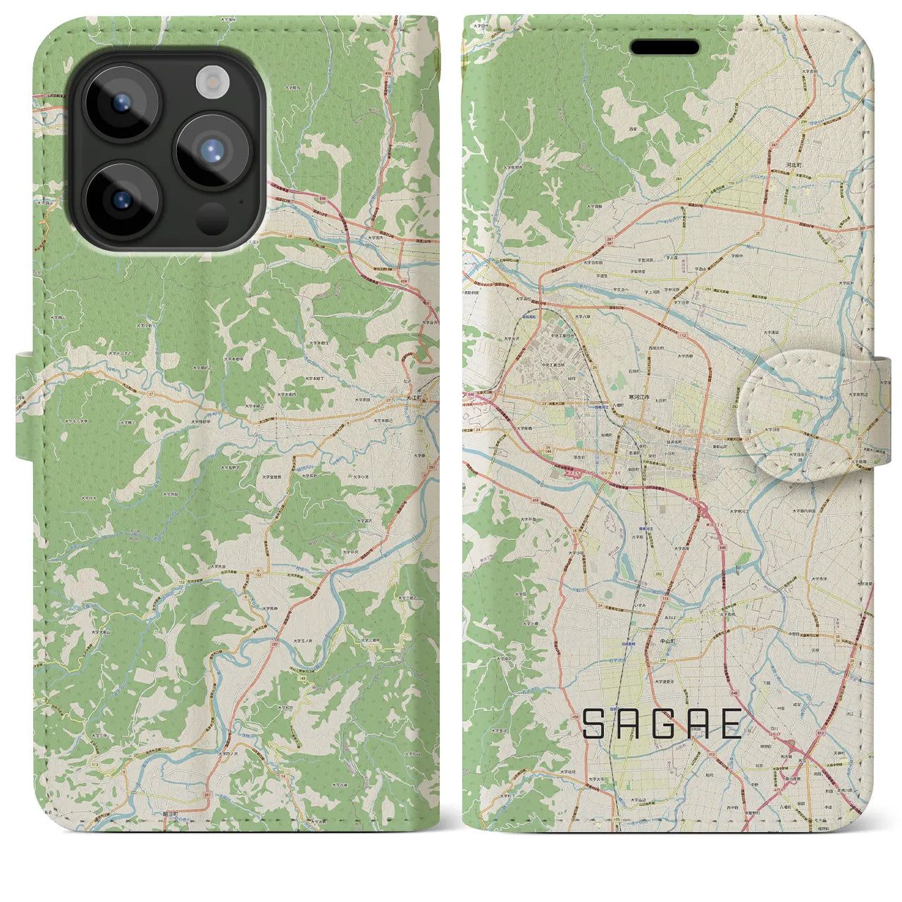 【寒河江】地図柄iPhoneケース（手帳両面タイプ・ナチュラル）iPhone 15 Pro Max 用