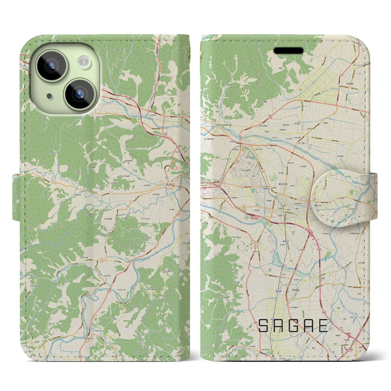 【寒河江】地図柄iPhoneケース（手帳両面タイプ・ナチュラル）iPhone 15 用