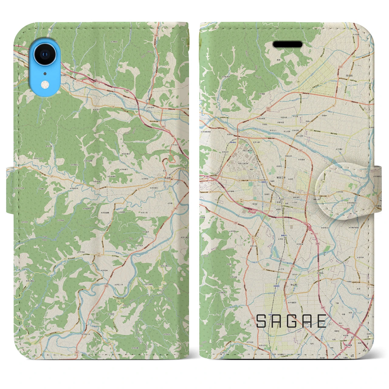 【寒河江】地図柄iPhoneケース（手帳両面タイプ・ナチュラル）iPhone XR 用