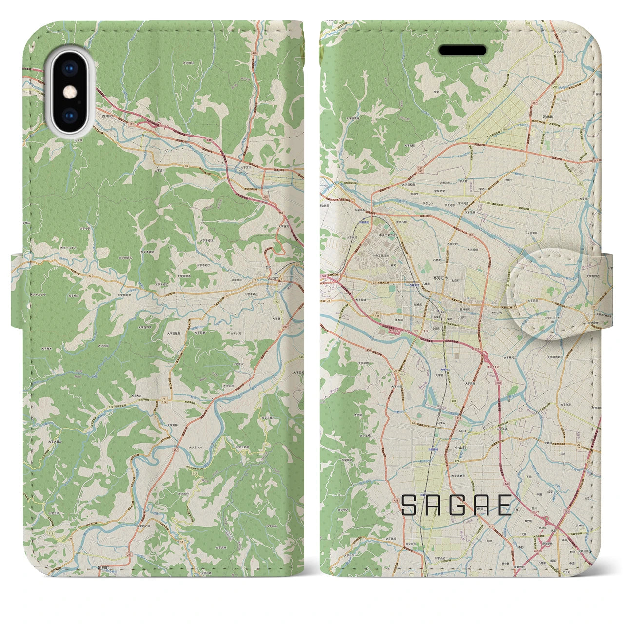 【寒河江】地図柄iPhoneケース（手帳両面タイプ・ナチュラル）iPhone XS Max 用