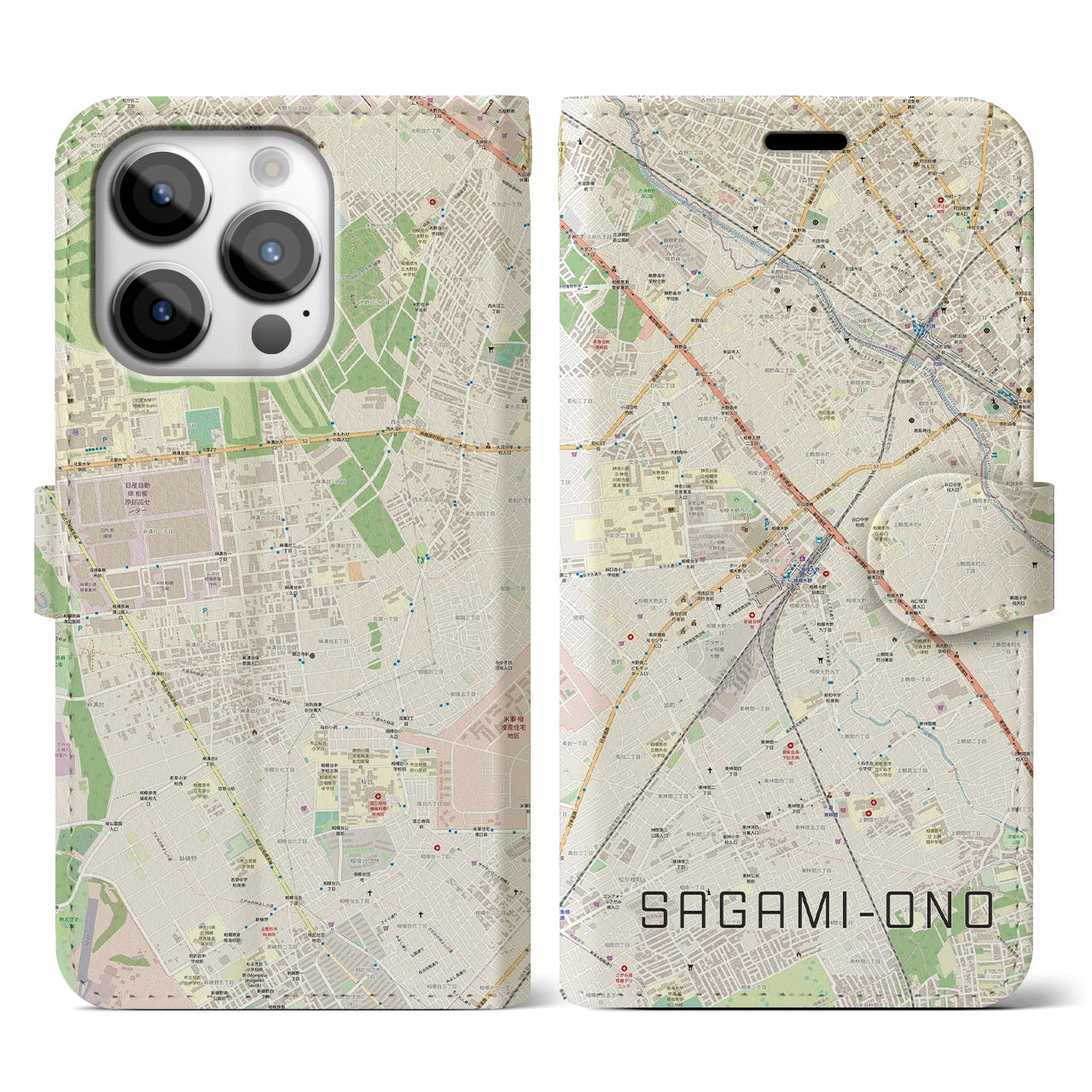 【相模大野】地図柄iPhoneケース（手帳両面タイプ・ナチュラル）iPhone 14 Pro 用