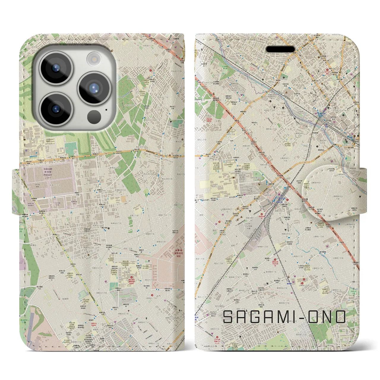 【相模大野】地図柄iPhoneケース（手帳両面タイプ・ナチュラル）iPhone 15 Pro 用