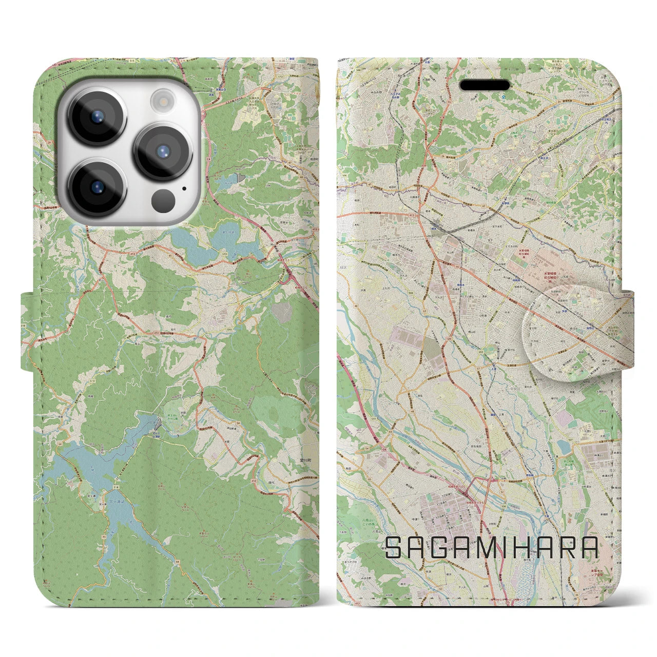 【相模原】地図柄iPhoneケース（手帳両面タイプ・ナチュラル）iPhone 14 Pro 用