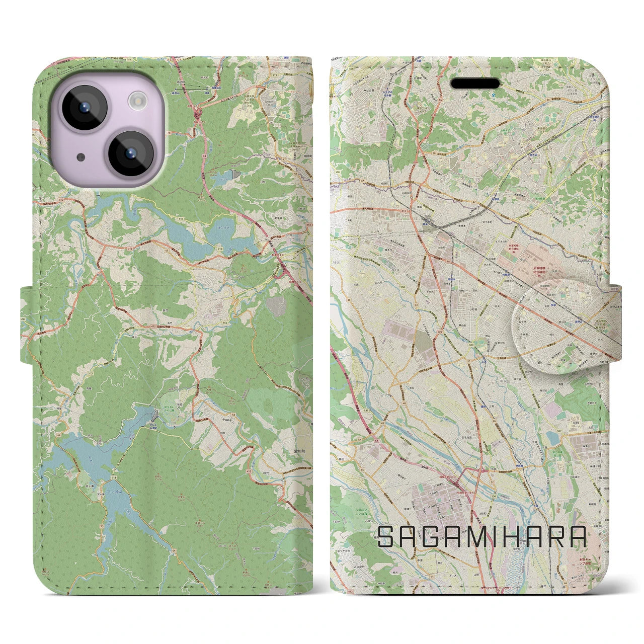 【相模原】地図柄iPhoneケース（手帳両面タイプ・ナチュラル）iPhone 14 用