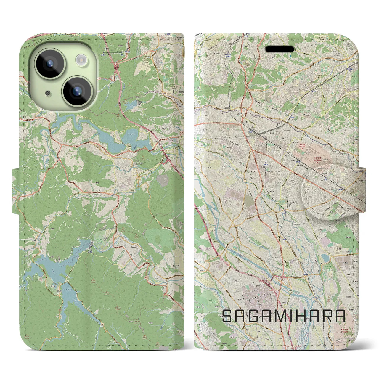 【相模原】地図柄iPhoneケース（手帳両面タイプ・ナチュラル）iPhone 15 用