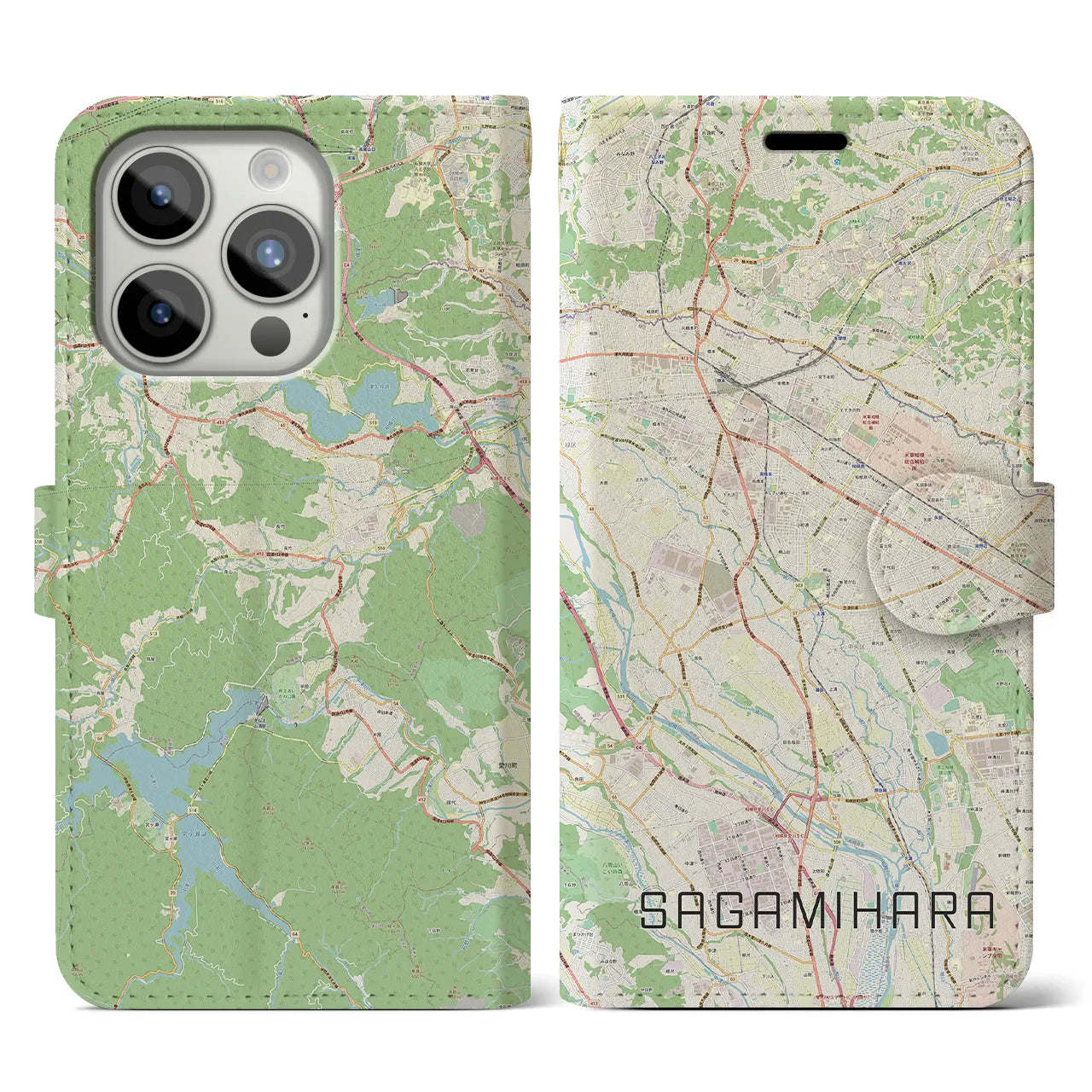【相模原】地図柄iPhoneケース（手帳両面タイプ・ナチュラル）iPhone 15 Pro 用