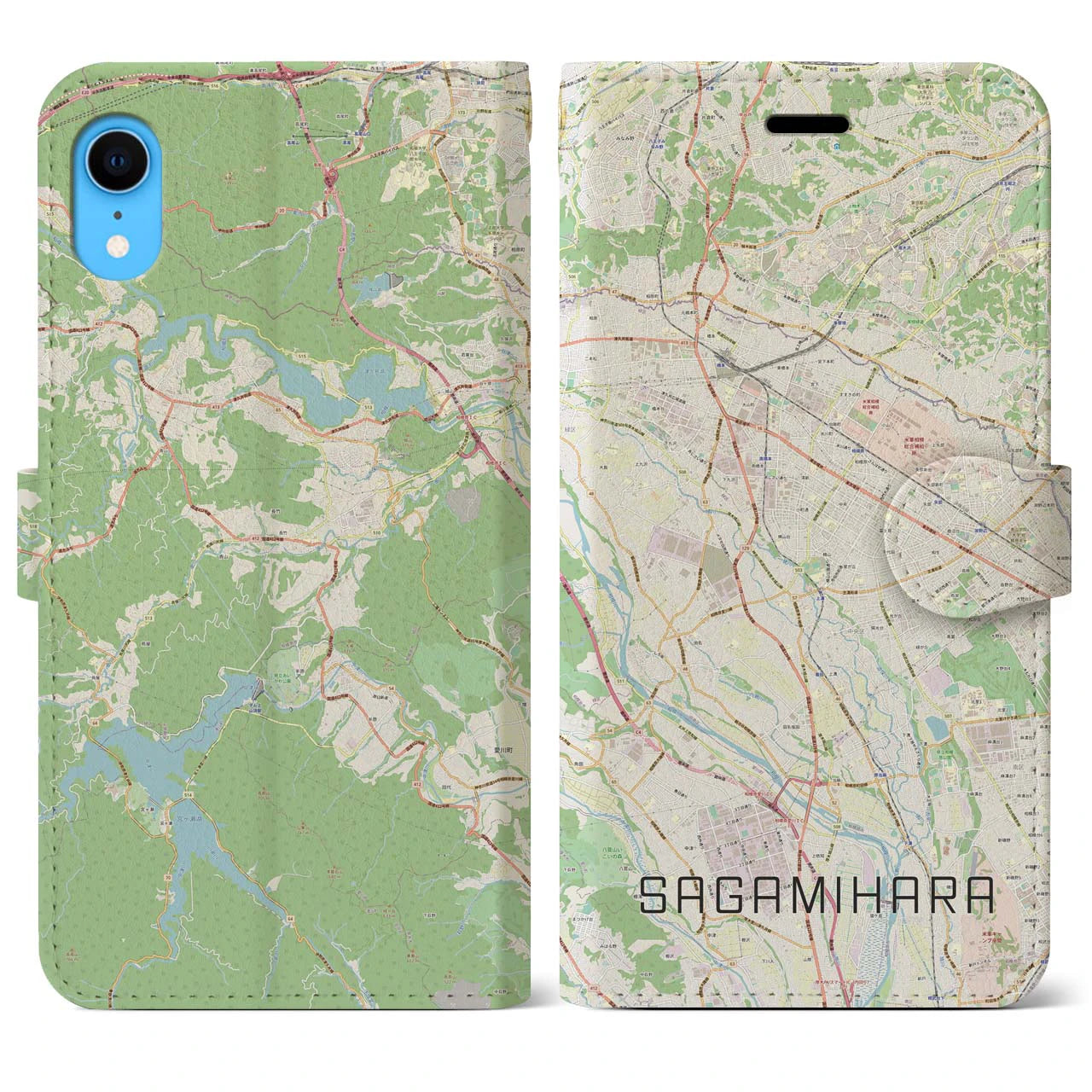 【相模原】地図柄iPhoneケース（手帳両面タイプ・ナチュラル）iPhone XR 用