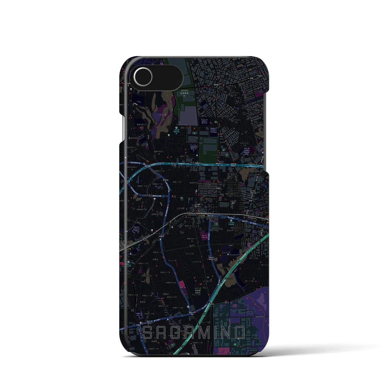 【さがみ野】地図柄iPhoneケース（バックカバータイプ・ブラック）iPhone SE（第3 / 第2世代） / 8 / 7 / 6s / 6 用