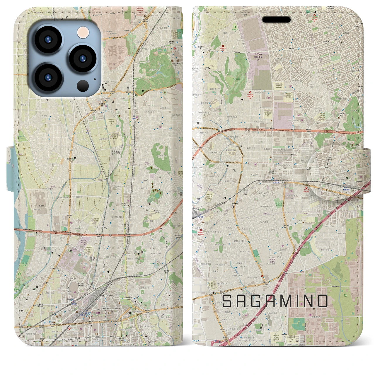 【さがみ野】地図柄iPhoneケース（手帳両面タイプ・ナチュラル）iPhone 13 Pro Max 用
