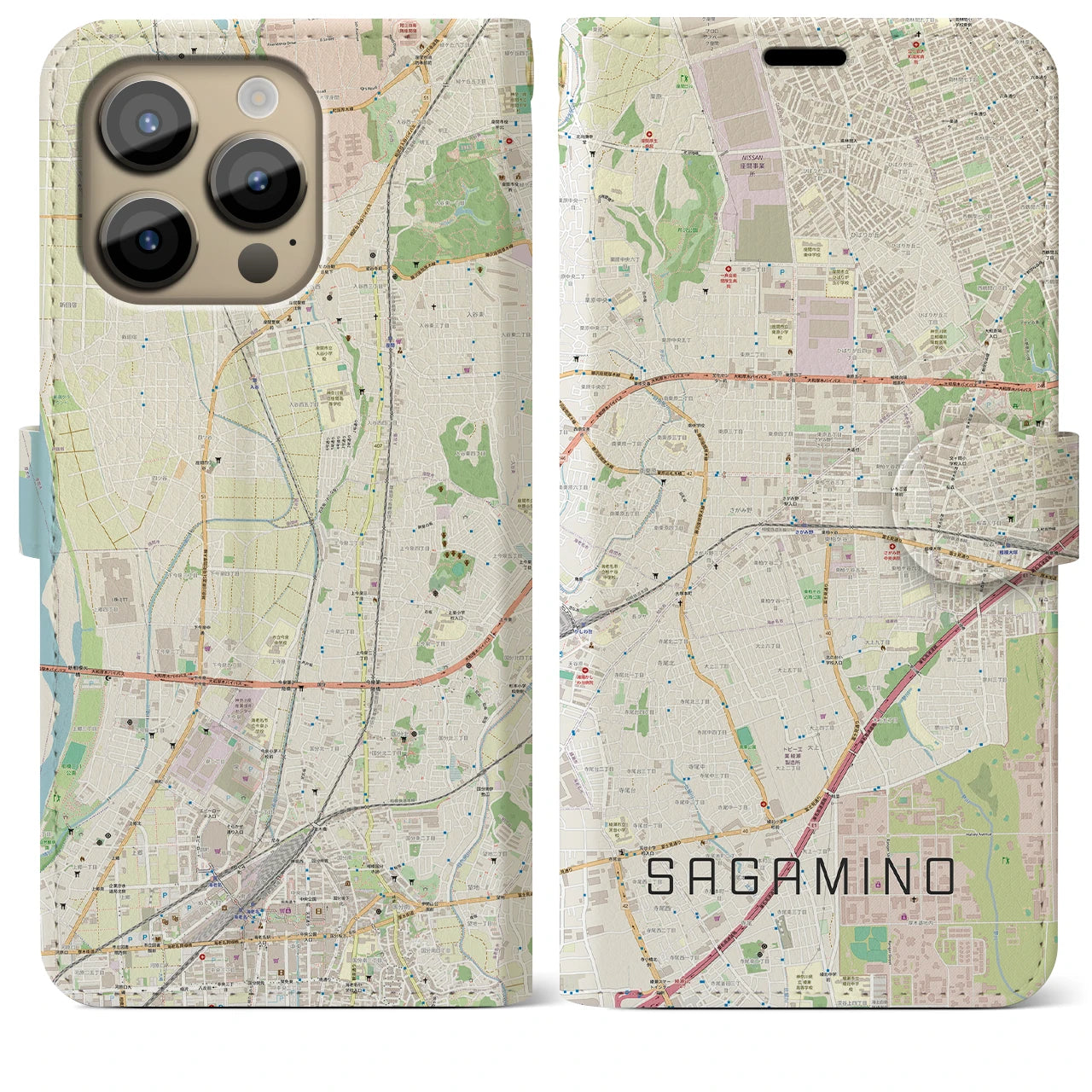 【さがみ野】地図柄iPhoneケース（手帳両面タイプ・ナチュラル）iPhone 14 Pro Max 用