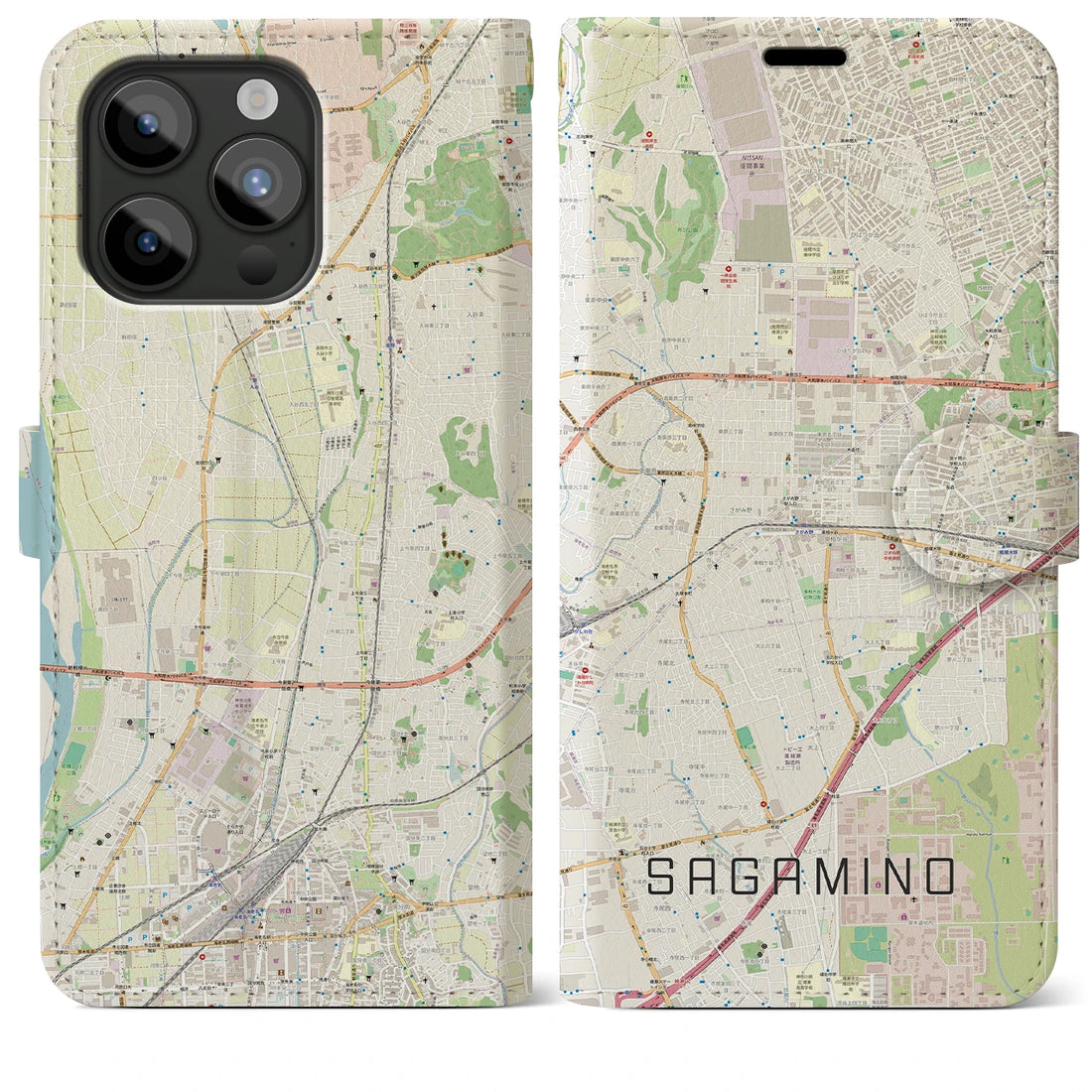 【さがみ野】地図柄iPhoneケース（手帳両面タイプ・ナチュラル）iPhone 15 Pro Max 用
