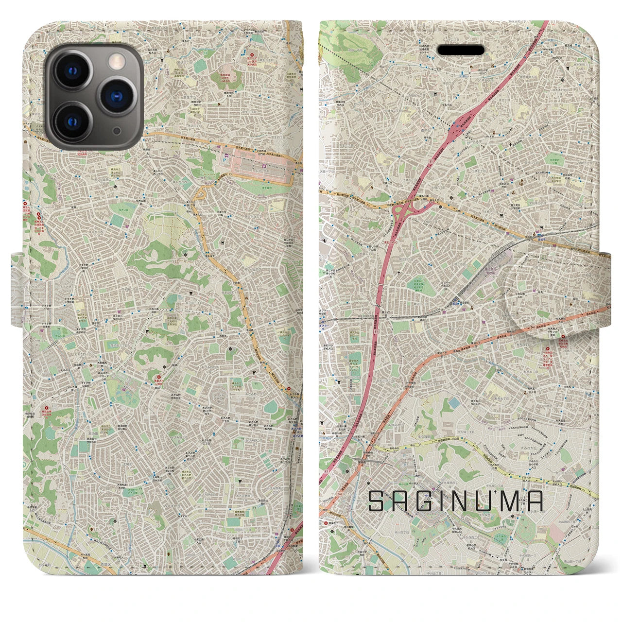 【鷺沼】地図柄iPhoneケース（手帳両面タイプ・ナチュラル）iPhone 11 Pro Max 用