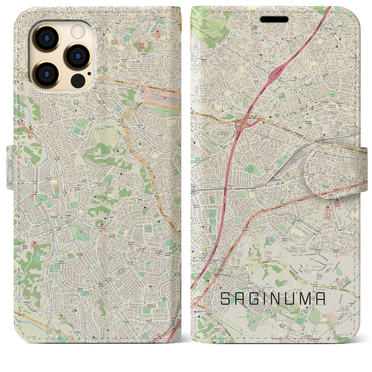 【鷺沼】地図柄iPhoneケース（手帳両面タイプ・ナチュラル）iPhone 12 Pro Max 用