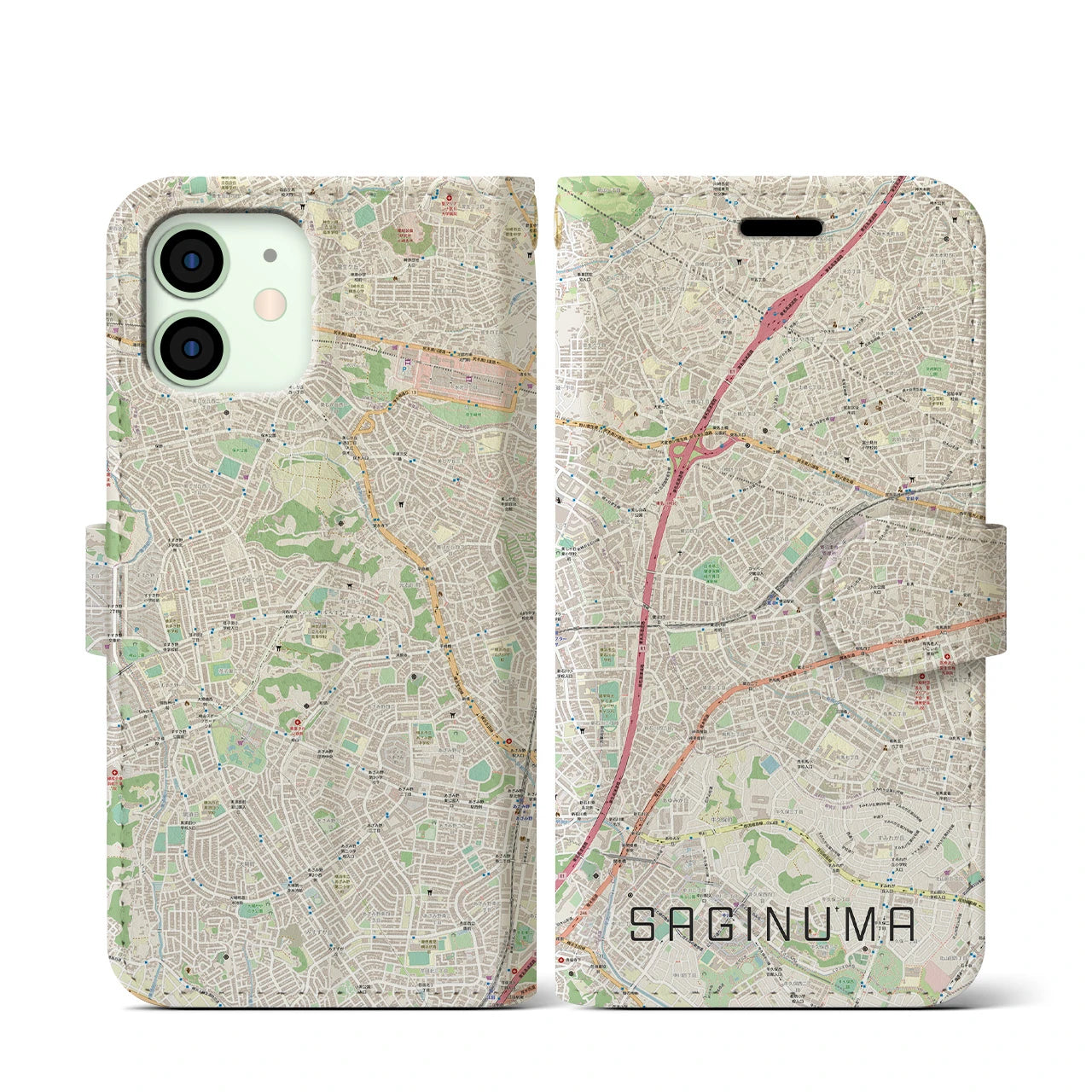 【鷺沼】地図柄iPhoneケース（手帳両面タイプ・ナチュラル）iPhone 12 mini 用