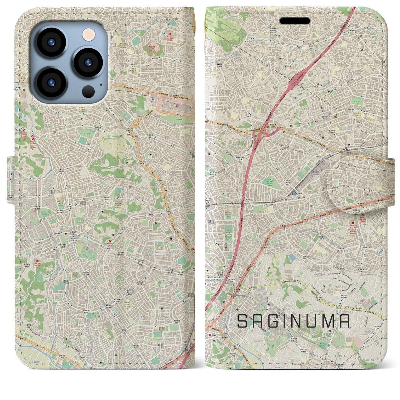 【鷺沼】地図柄iPhoneケース（手帳両面タイプ・ナチュラル）iPhone 13 Pro Max 用