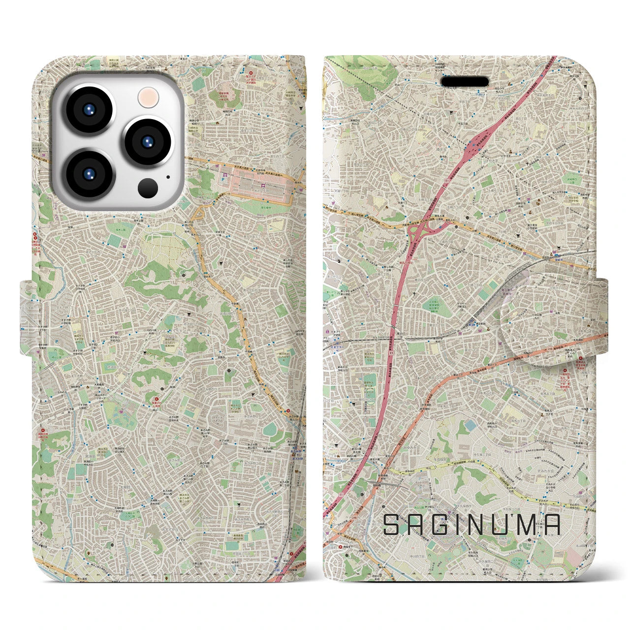 【鷺沼】地図柄iPhoneケース（手帳両面タイプ・ナチュラル）iPhone 13 Pro 用