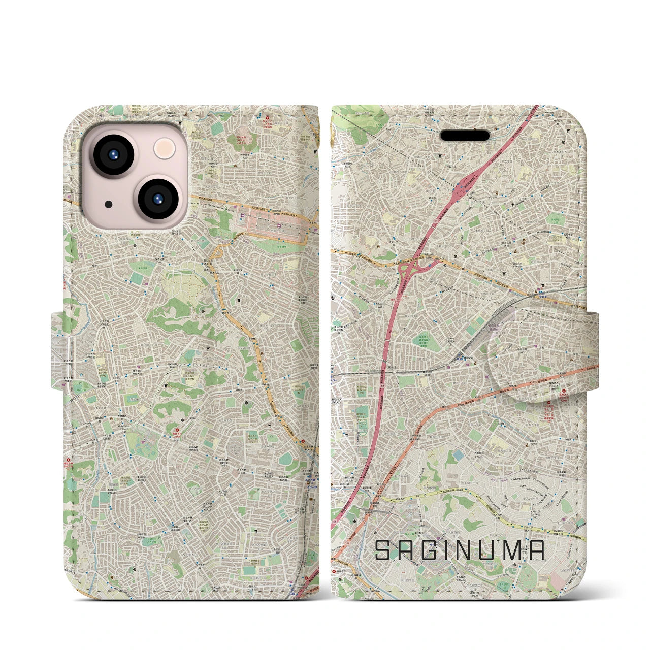 【鷺沼】地図柄iPhoneケース（手帳両面タイプ・ナチュラル）iPhone 13 mini 用