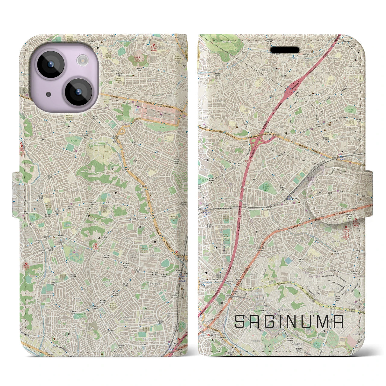 【鷺沼】地図柄iPhoneケース（手帳両面タイプ・ナチュラル）iPhone 14 用