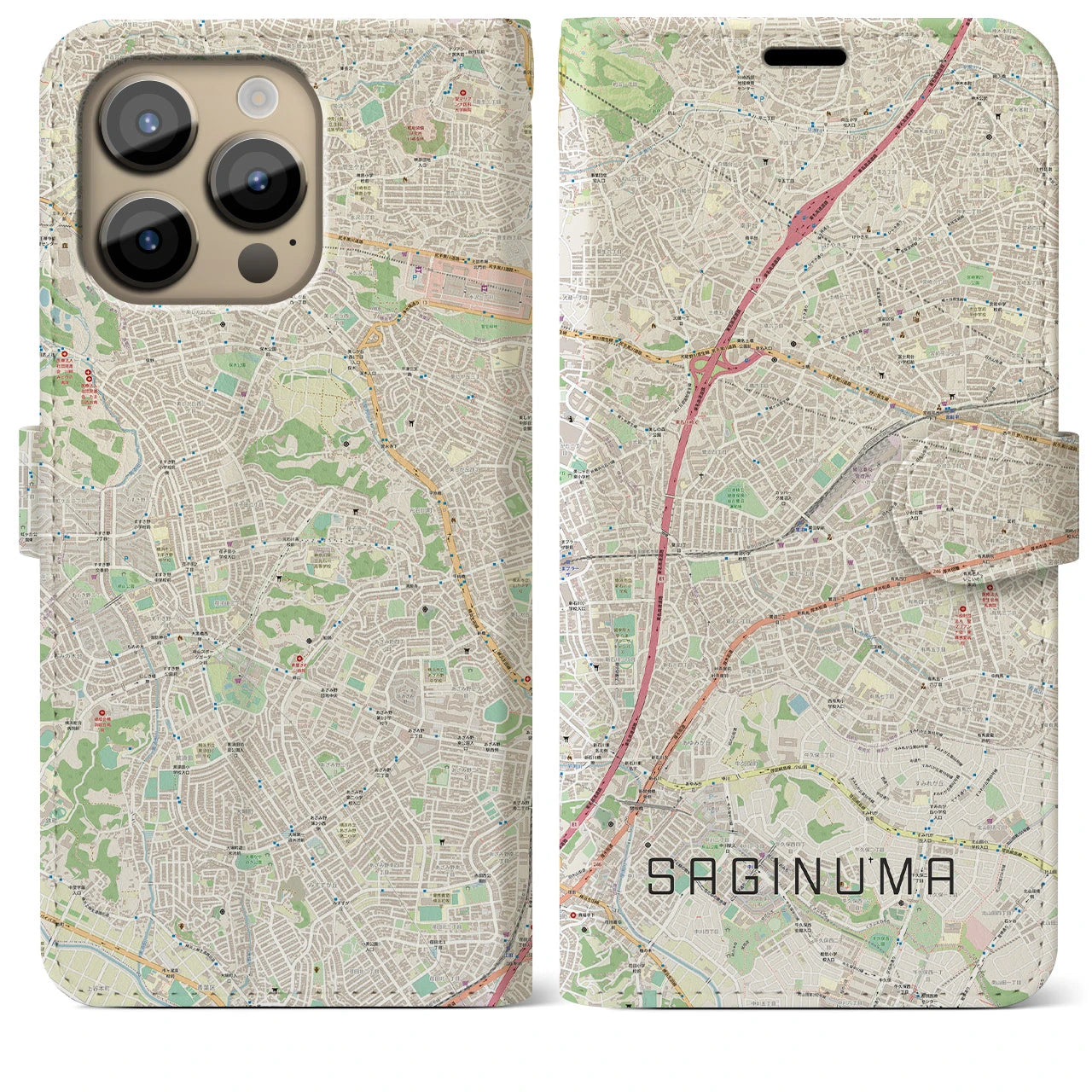 【鷺沼】地図柄iPhoneケース（手帳両面タイプ・ナチュラル）iPhone 14 Pro Max 用