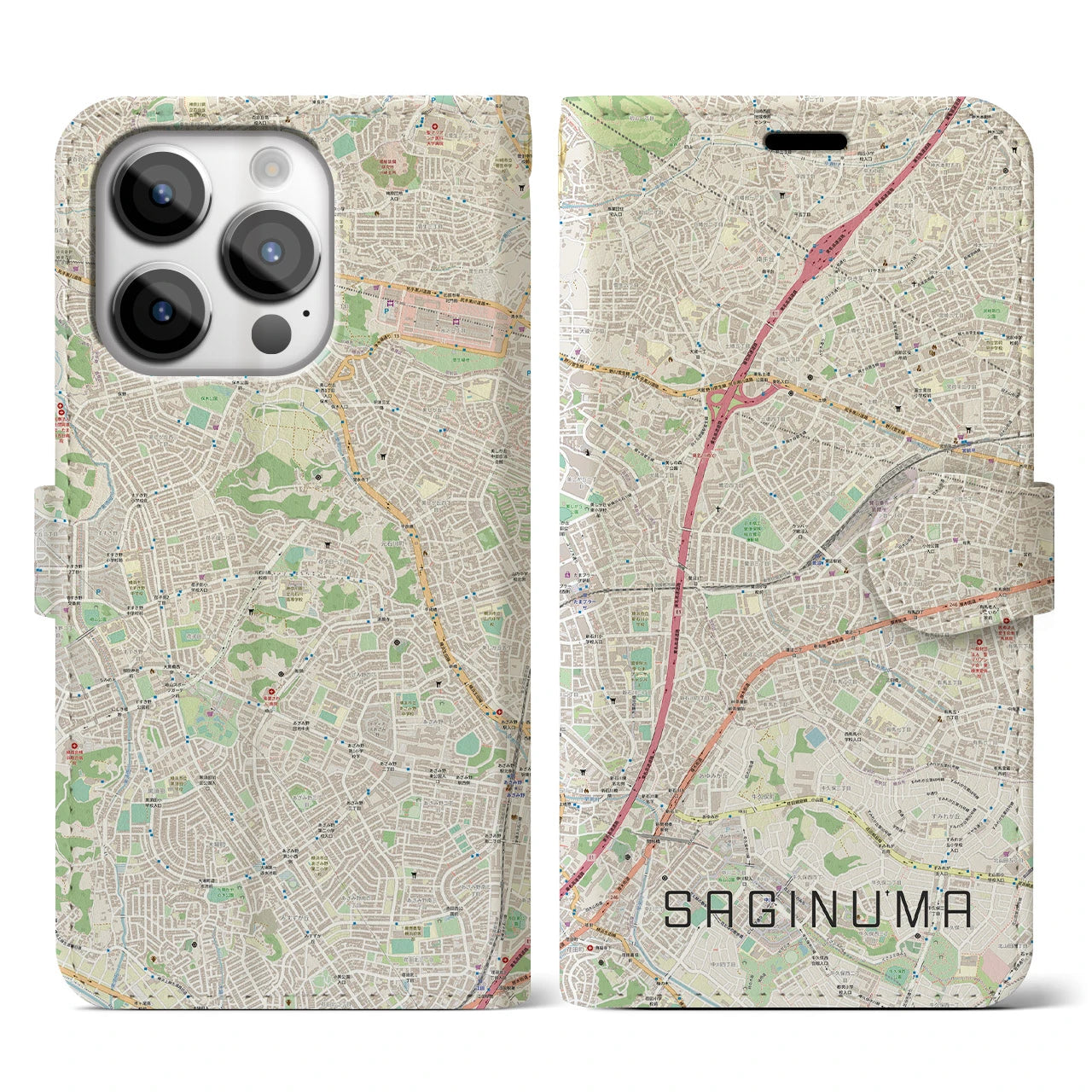 【鷺沼】地図柄iPhoneケース（手帳両面タイプ・ナチュラル）iPhone 14 Pro 用