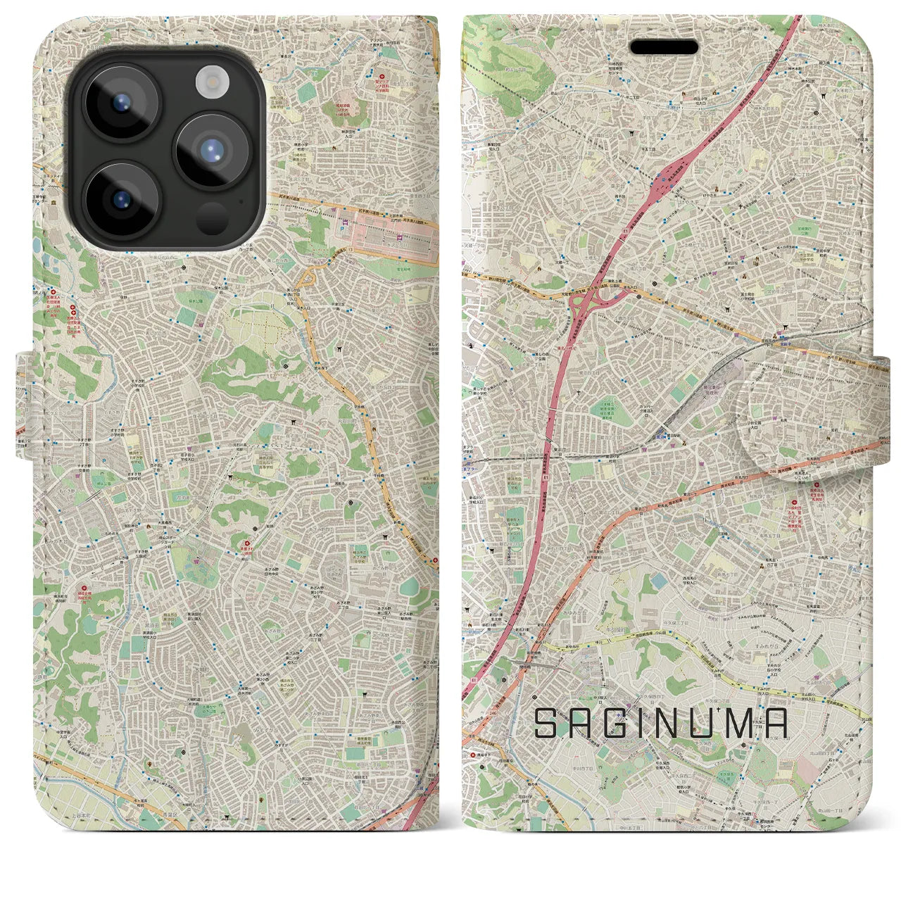 【鷺沼】地図柄iPhoneケース（手帳両面タイプ・ナチュラル）iPhone 15 Pro Max 用