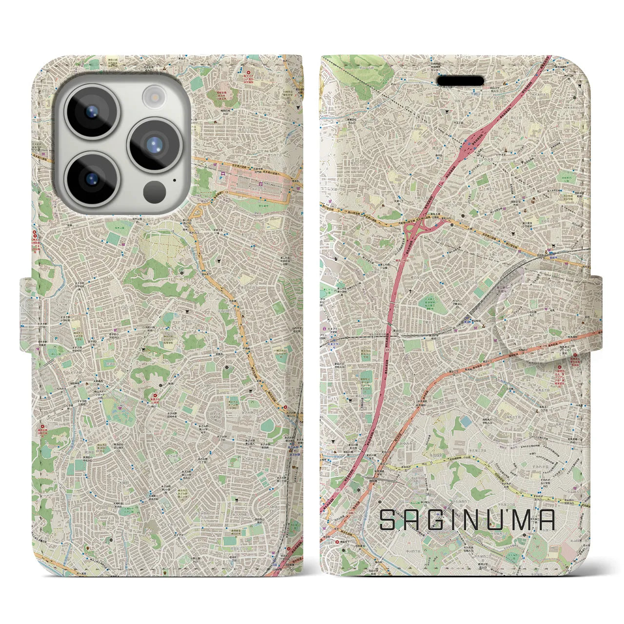 【鷺沼】地図柄iPhoneケース（手帳両面タイプ・ナチュラル）iPhone 15 Pro 用