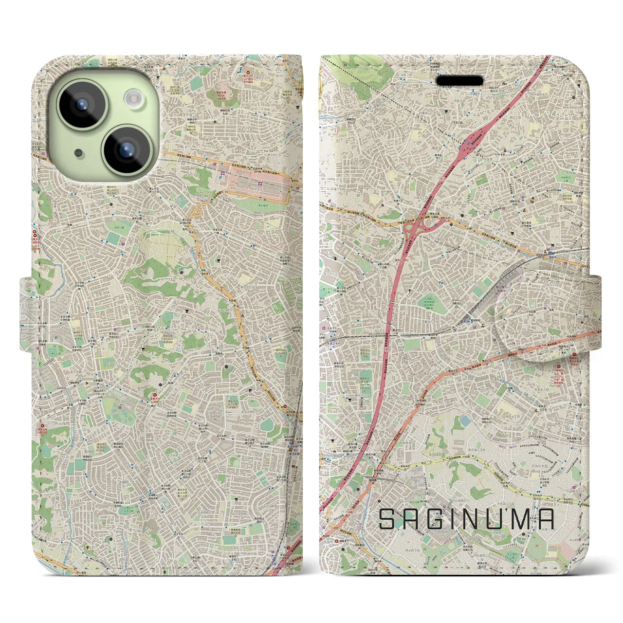 【鷺沼】地図柄iPhoneケース（手帳両面タイプ・ナチュラル）iPhone 15 用