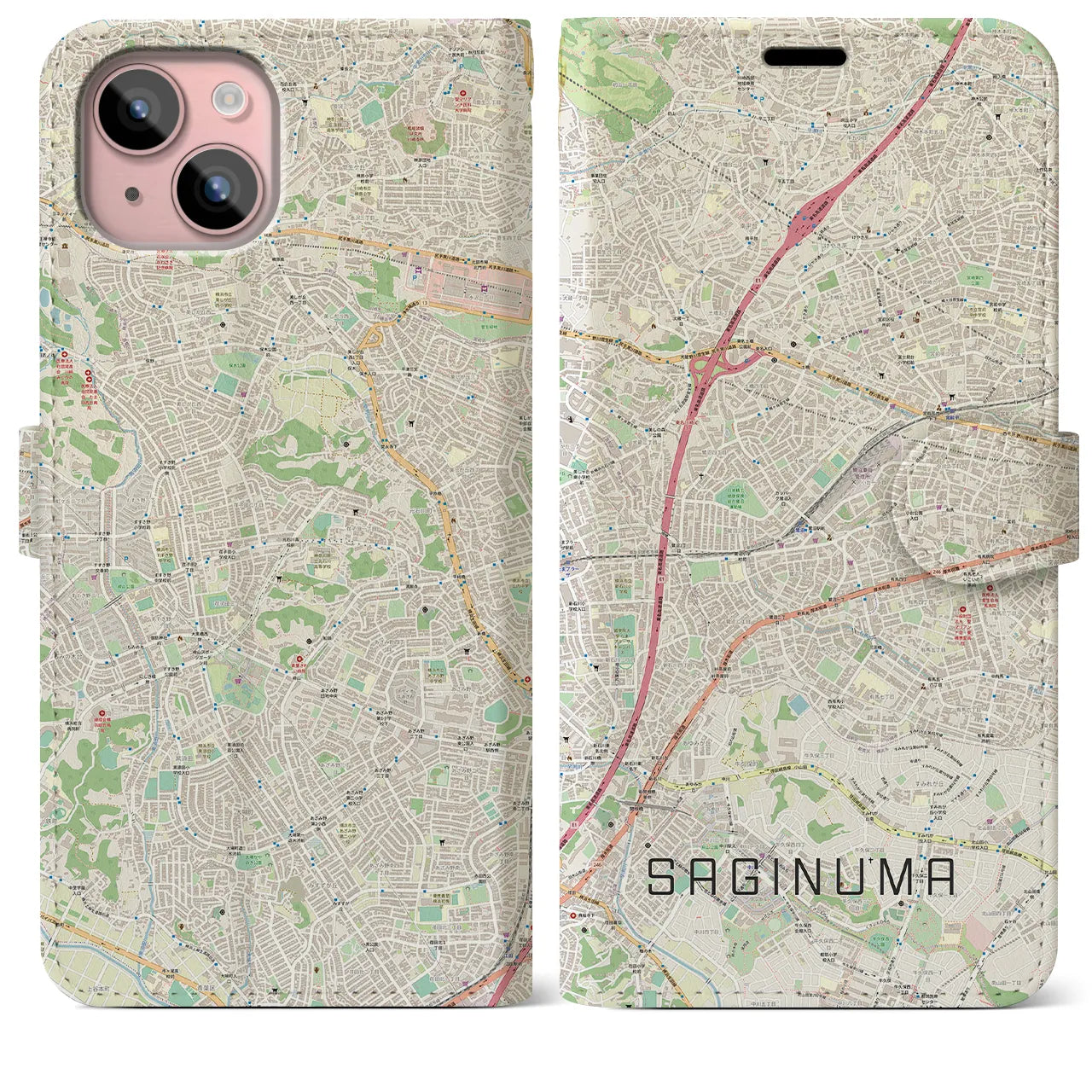【鷺沼】地図柄iPhoneケース（手帳両面タイプ・ナチュラル）iPhone 15 Plus 用