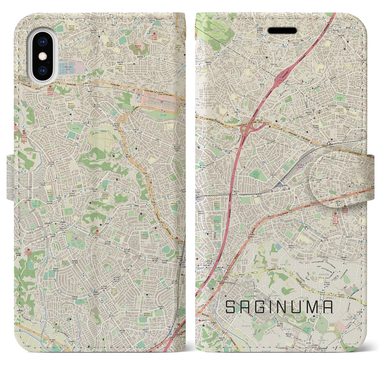 【鷺沼】地図柄iPhoneケース（手帳両面タイプ・ナチュラル）iPhone XS Max 用