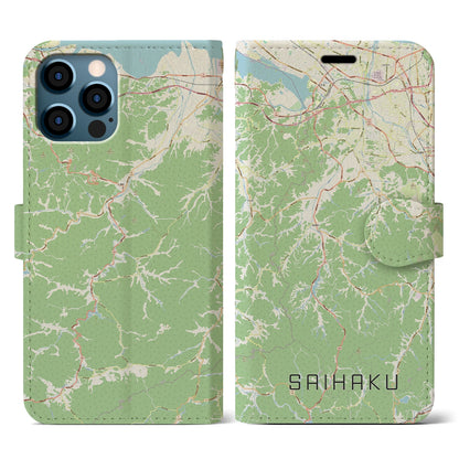 【西伯（鳥取県）】地図柄iPhoneケース（手帳タイプ）ナチュラル・iPhone 12 / 12 Pro 用